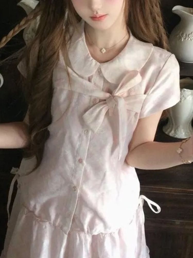 일본 빈티지 스타일 스윗 보우 피터팬 칼라 탑 + 러플 - Vintage Fashion Outfit 리뷰 및 가격